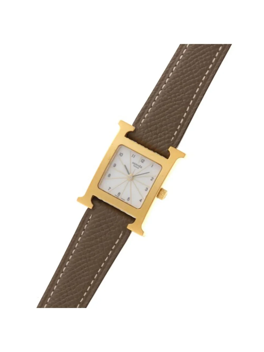 Hermes H Watch Leather Strap White Arabic Dial Quartz